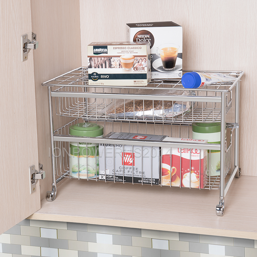 2 Tier Under Sink Organizer Sliding Double Basket Drawer Shelf