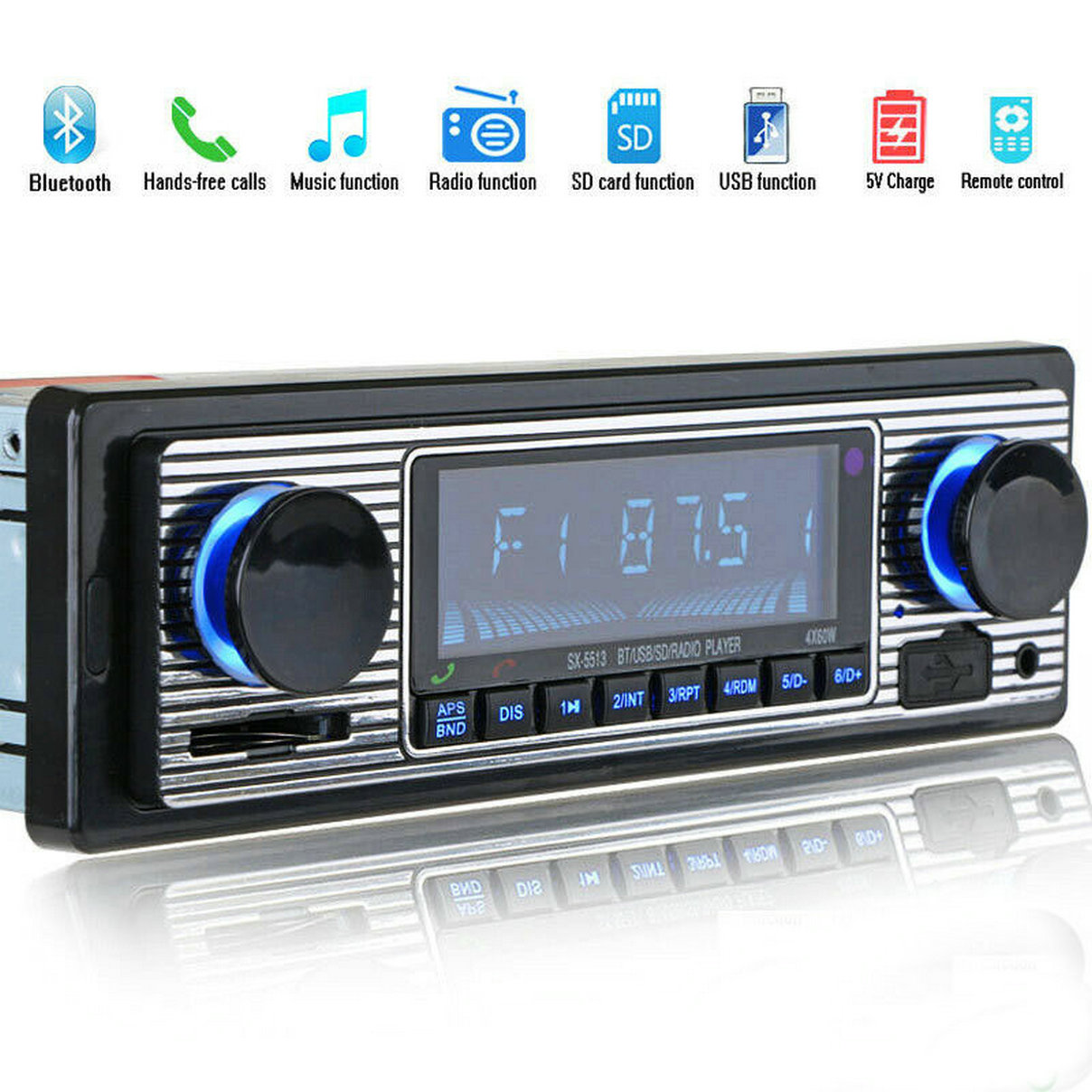 Classic Bluetooth Car Stereo, FM Radio Receiver, Hands-Free Calling,  Built-in Microphone, USB/SD/AUX Port, Support MP3/WMA/WAV, Dual Knob Audio  Car