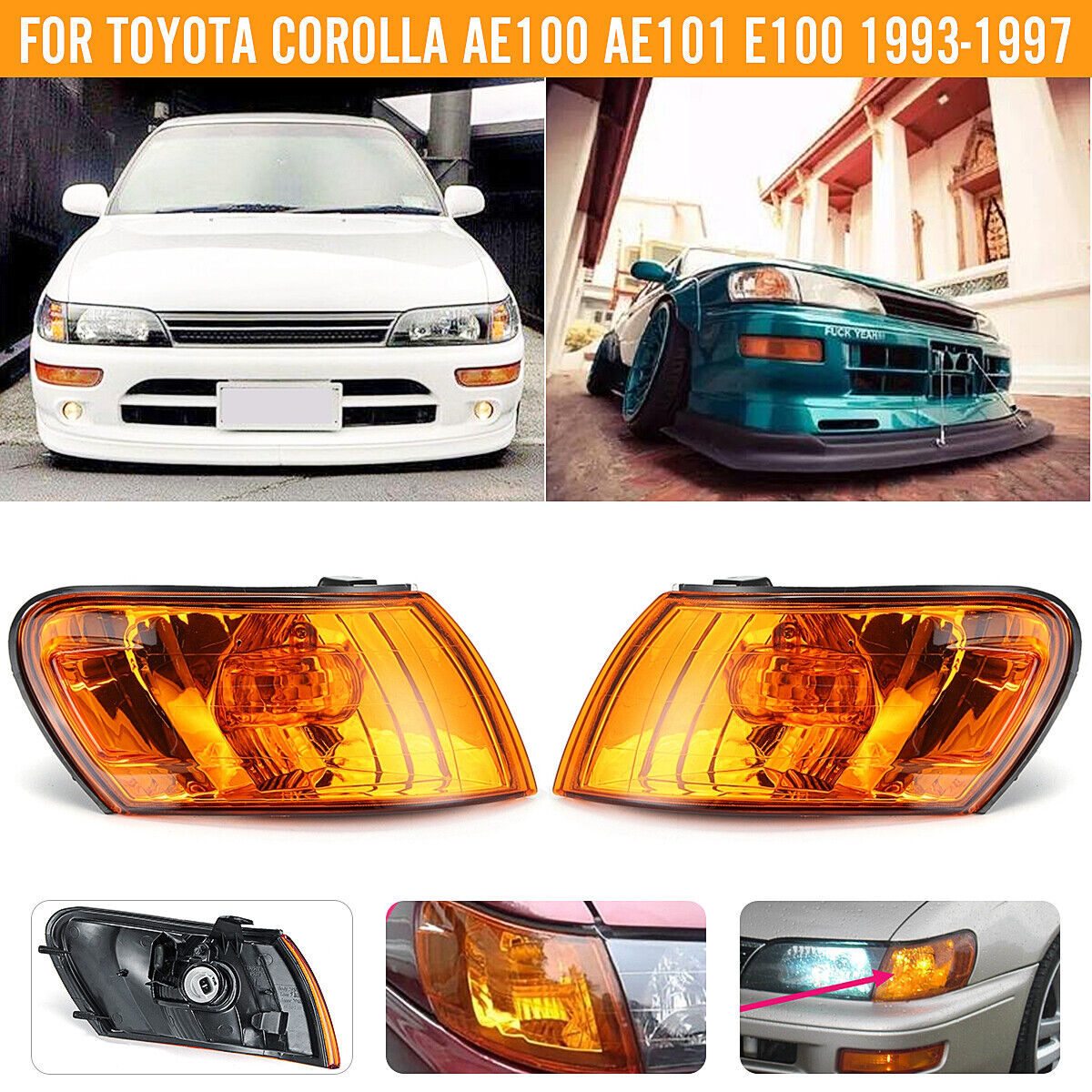 2PCS For 1993-1997 Toyota Corolla AE100 AE101 E100 Amber Lens