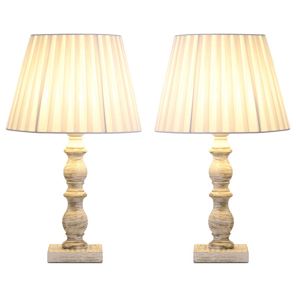 Details About Set Of 2 Elegant Bedside Table Lamps Modern Desk Wooden Base Nightstand