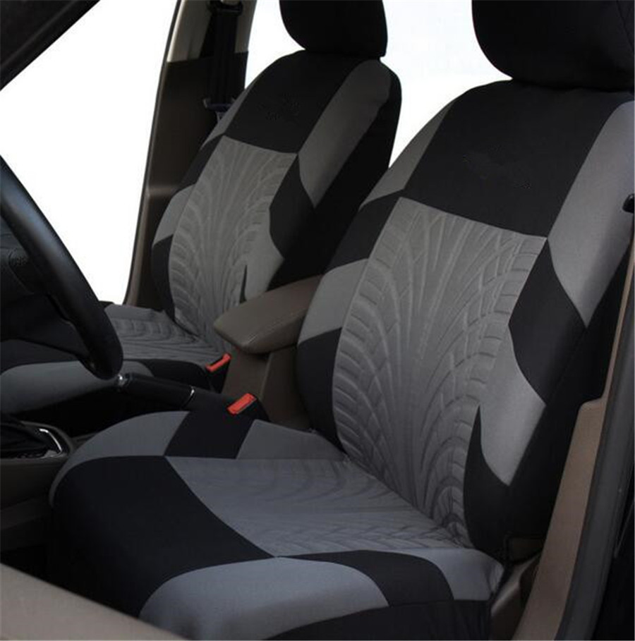 Embroidered Tread Car Driver + Passenger Seat Covers Black Gray