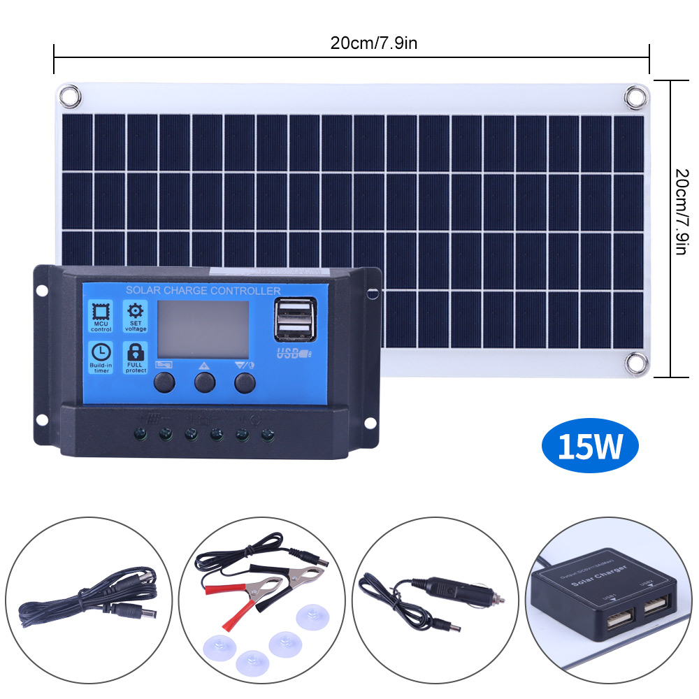 15/20/25/50W Dual USB Solar Panel Solar Controller+DC Line+Alligator Clip Wire