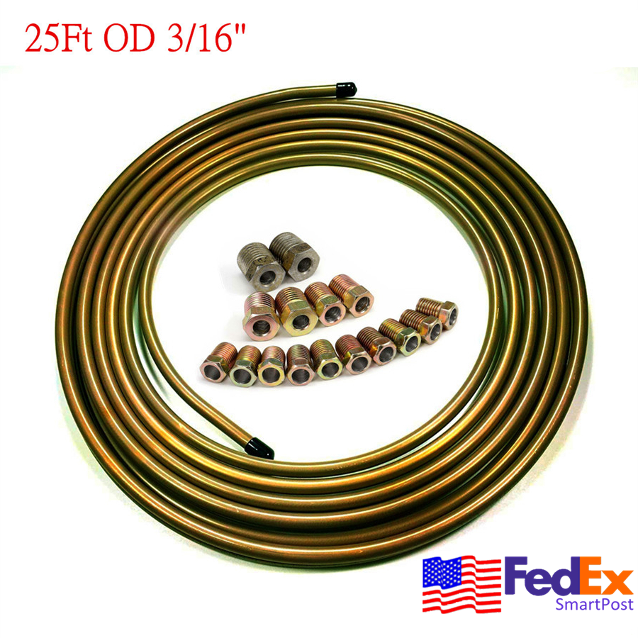 Zinc Steel Auto Brake Line Tubing Kit 3/16'' OD 25 Ft / Roll w/ 16Pcs