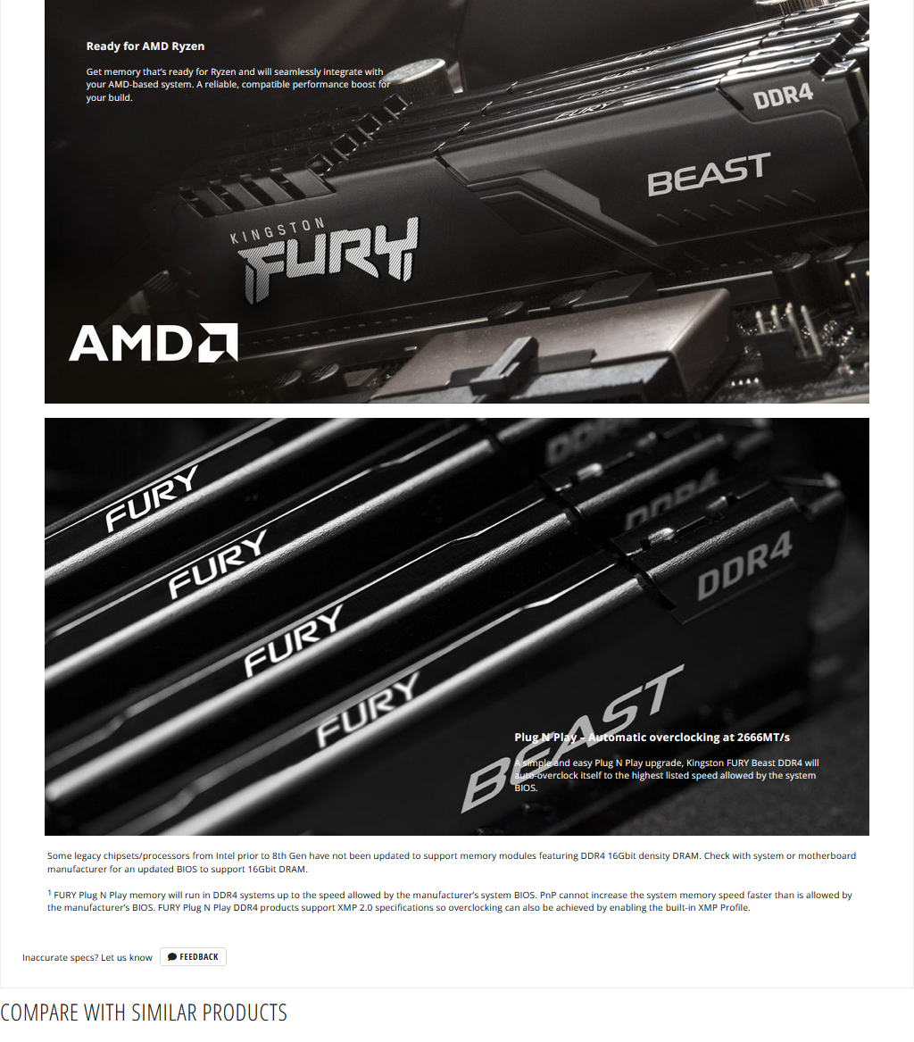 Kingston FURY Beast 2pcs Kits 32GB/16GB 288Pin DDR4 3200 2666 MHz