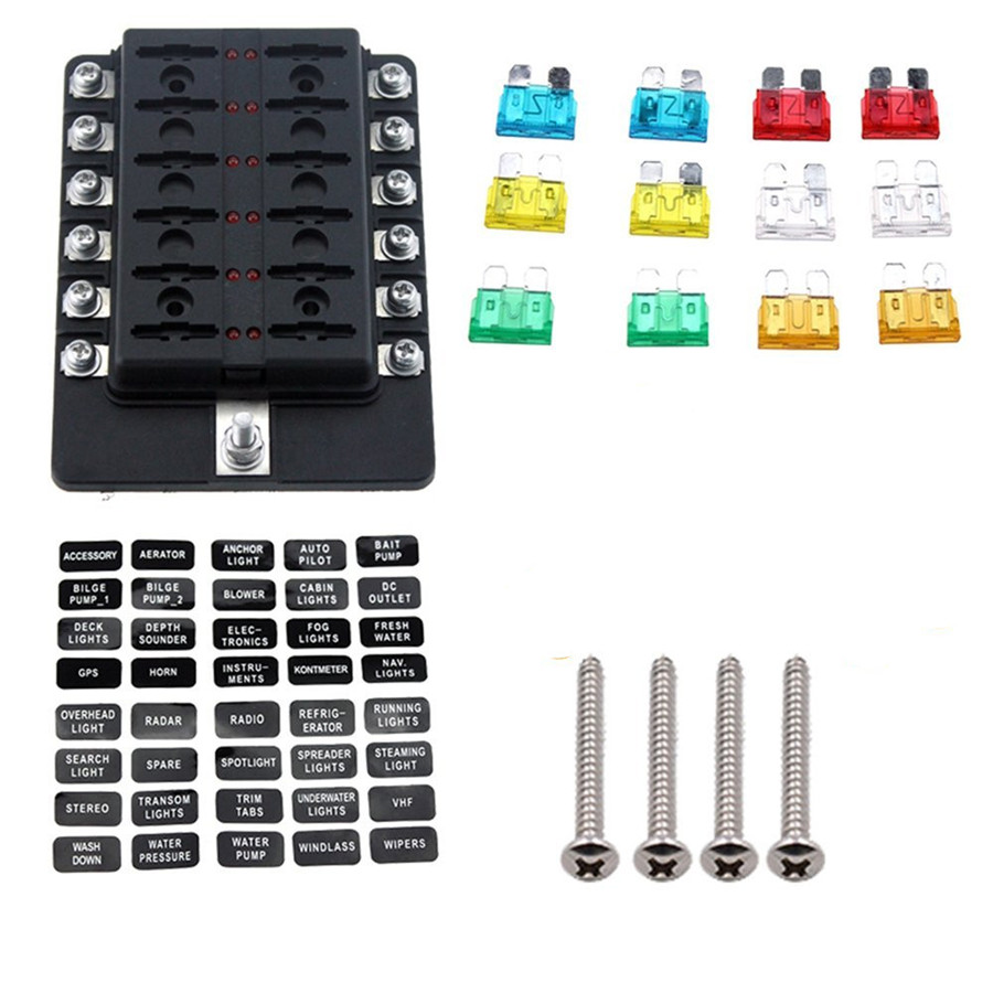 Universal Car 12 Way LED Circuit Standard ATO ATC Blade Fuse Box Block Holder