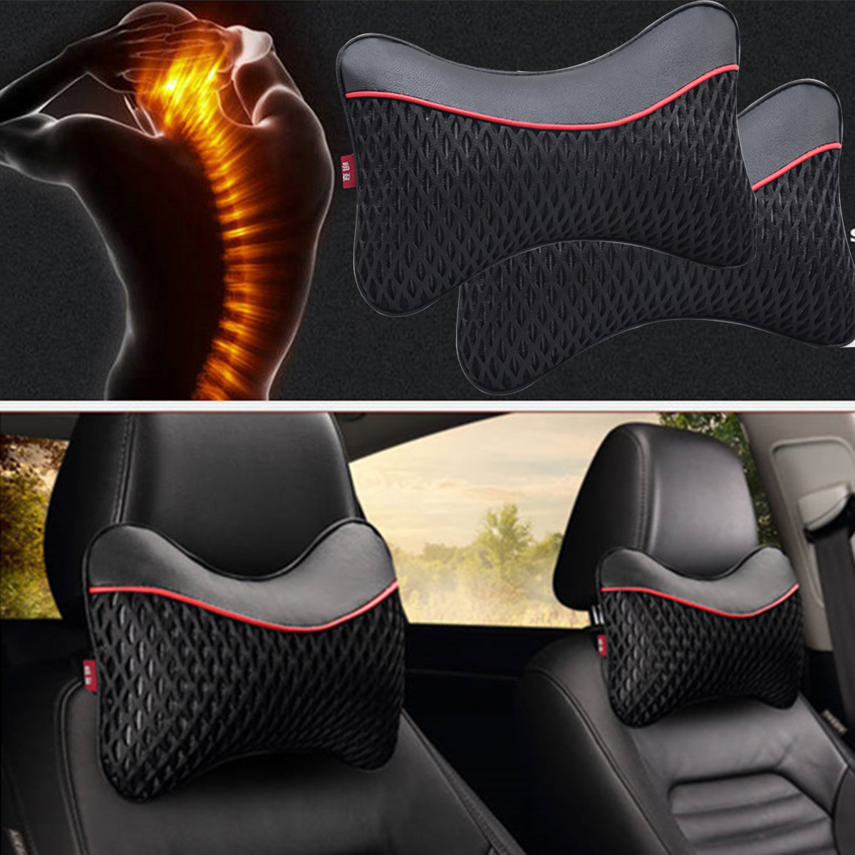 Pair Leather Weaving Car Headrest Neck Pillow Black Red Ice Silk