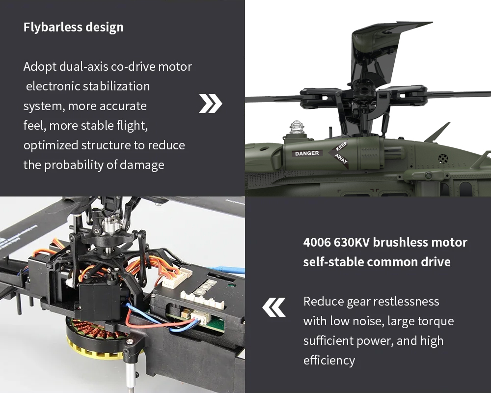 YXZNRC UH60 Black Hawk 6CH Gyro 2.4G 6-axis 3D Flybarless 1/47 RC