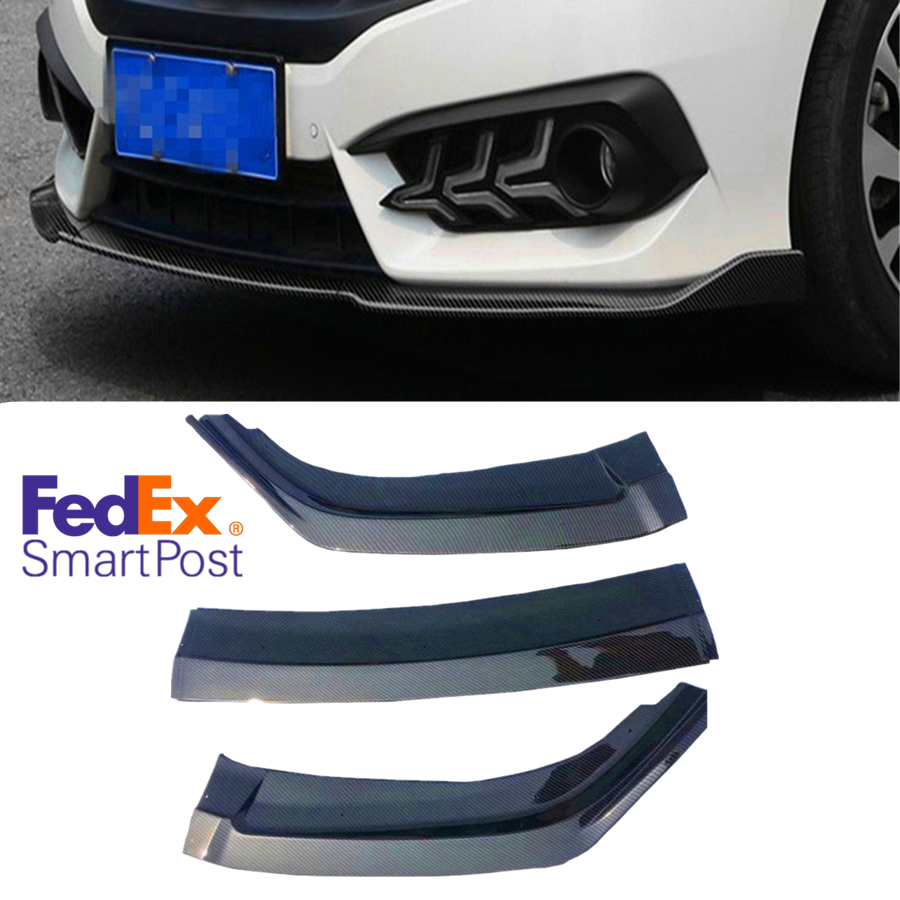 Carbon Fiber Pattern Front Bumper Spoiler Lip Splitter Body Kit Set Fit for 2016-2018 Honda Civic Sedan 4DR