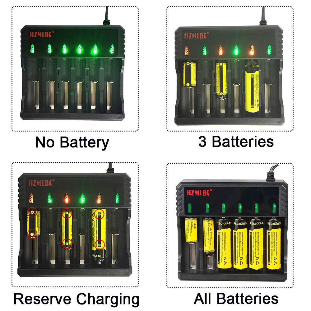 6 Bay Battery Charger Universal Smart Li-ion Charger for 16340/18650