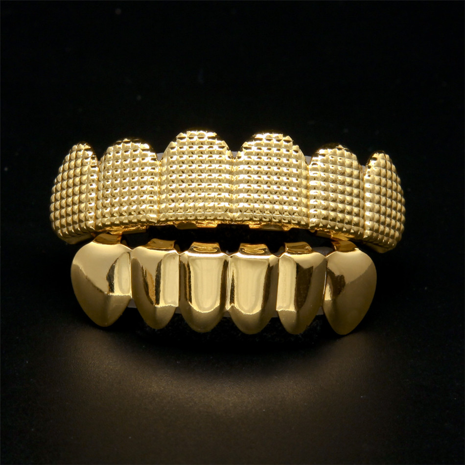 24k Gold Plated W  Lattice Shape Hip Hop Teeth Grillz Top & Bottom 