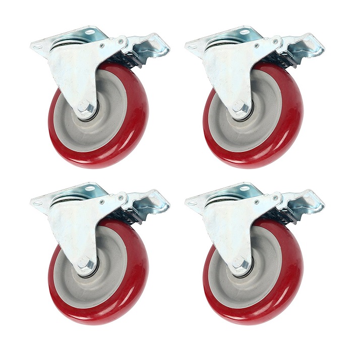 4 Pack 5" Caster Wheels Swivel Plate Total Lock Brake Red Polyurethane 