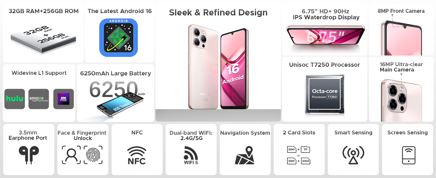 DOOGEE Note58 Pro Android 16 Smartphone 32GB+256GB 6250mAh 6.75