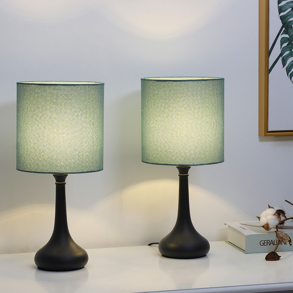 Set of 2 Vintage Bedside Lamp Green Lampshade Nightstand Light Table ...