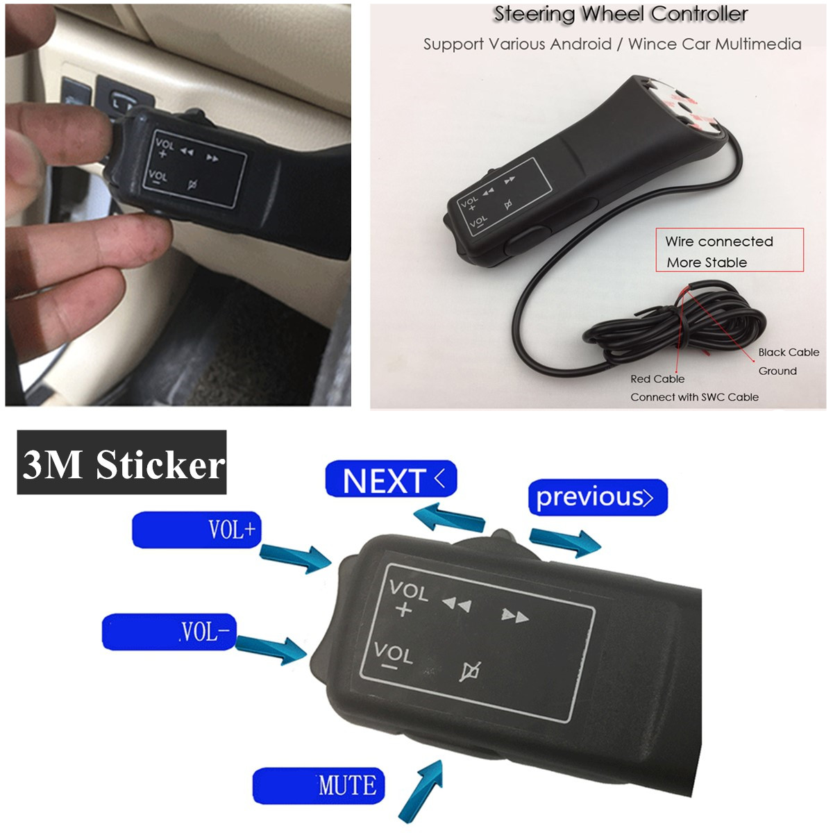 Universal Steering Wheel Button Remote Control w//Cable For Wince Android Player