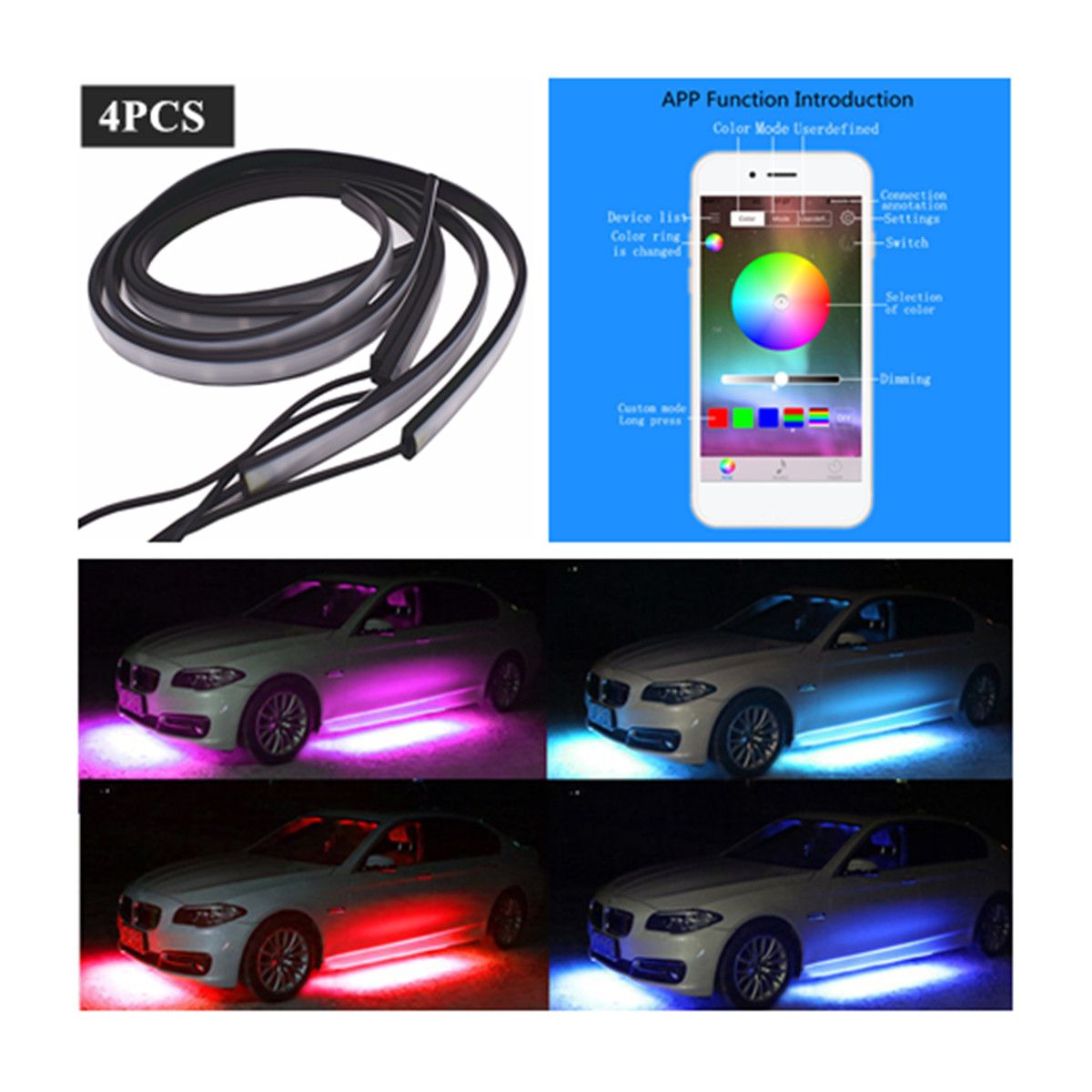 New 4x Waterproof RGB LED Under Car Tube Strip Underglow body Neon Light Kit