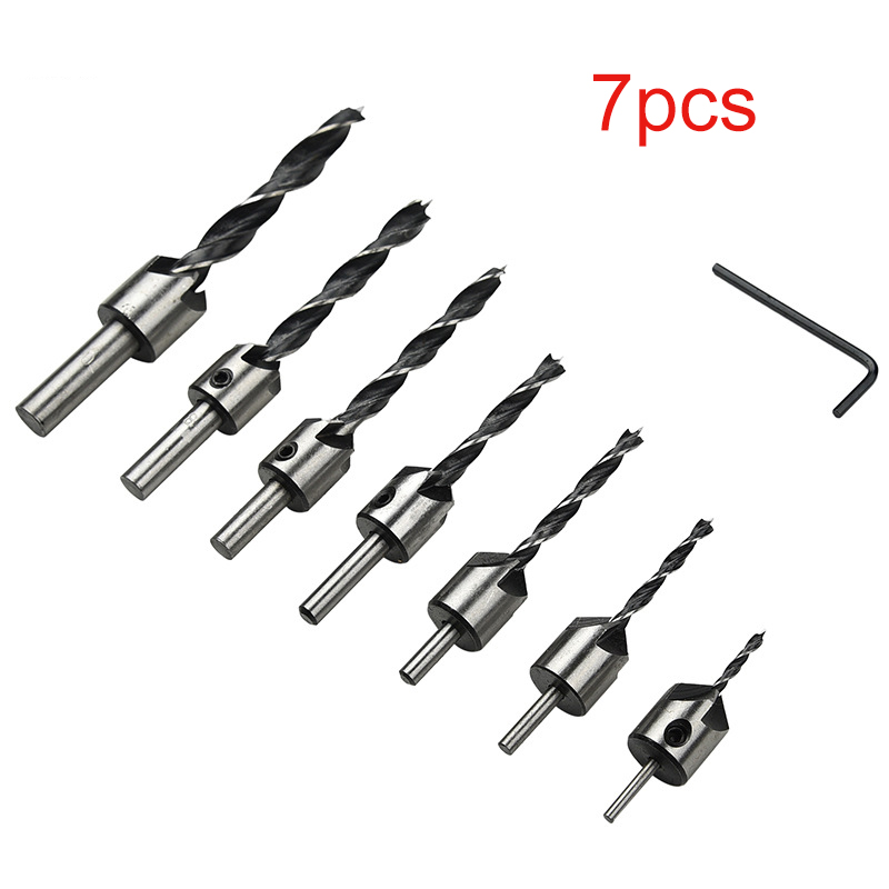 7 piece Countersink Drill Bit HSS Pilot Drill Set Chamfer Woodworking 3-10mm