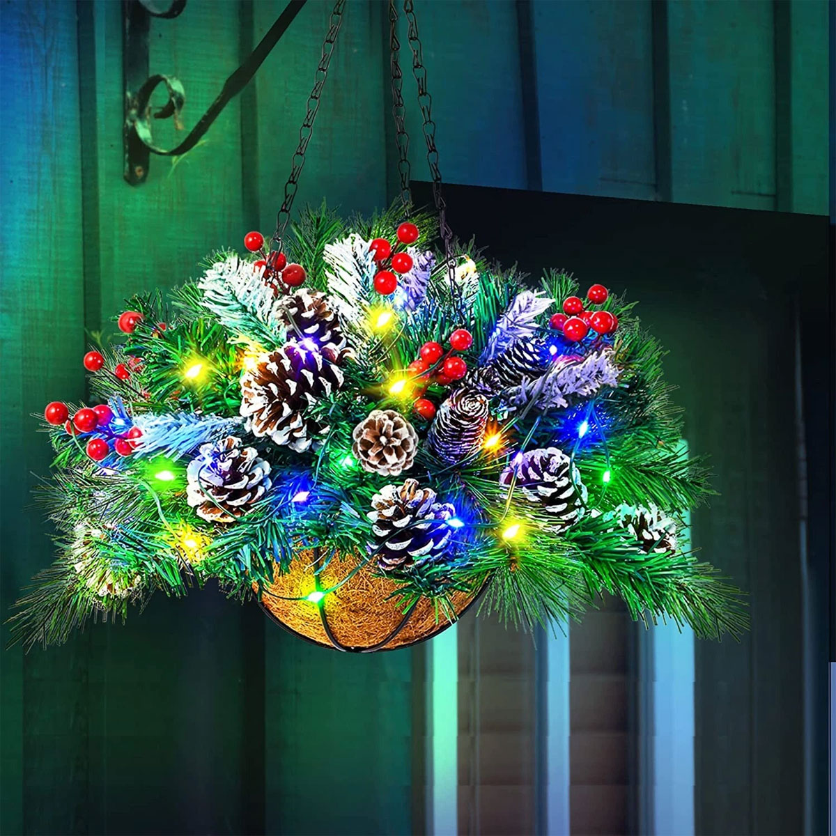 Pre-lit Christmas basket hanging display