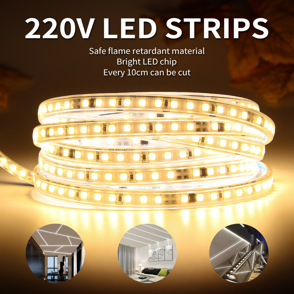 LED Strip 220V | 140xLED/m | 10m | SMD2835 | 2566Lm/M| 19W/M | IP67 | Cut  every 10cm