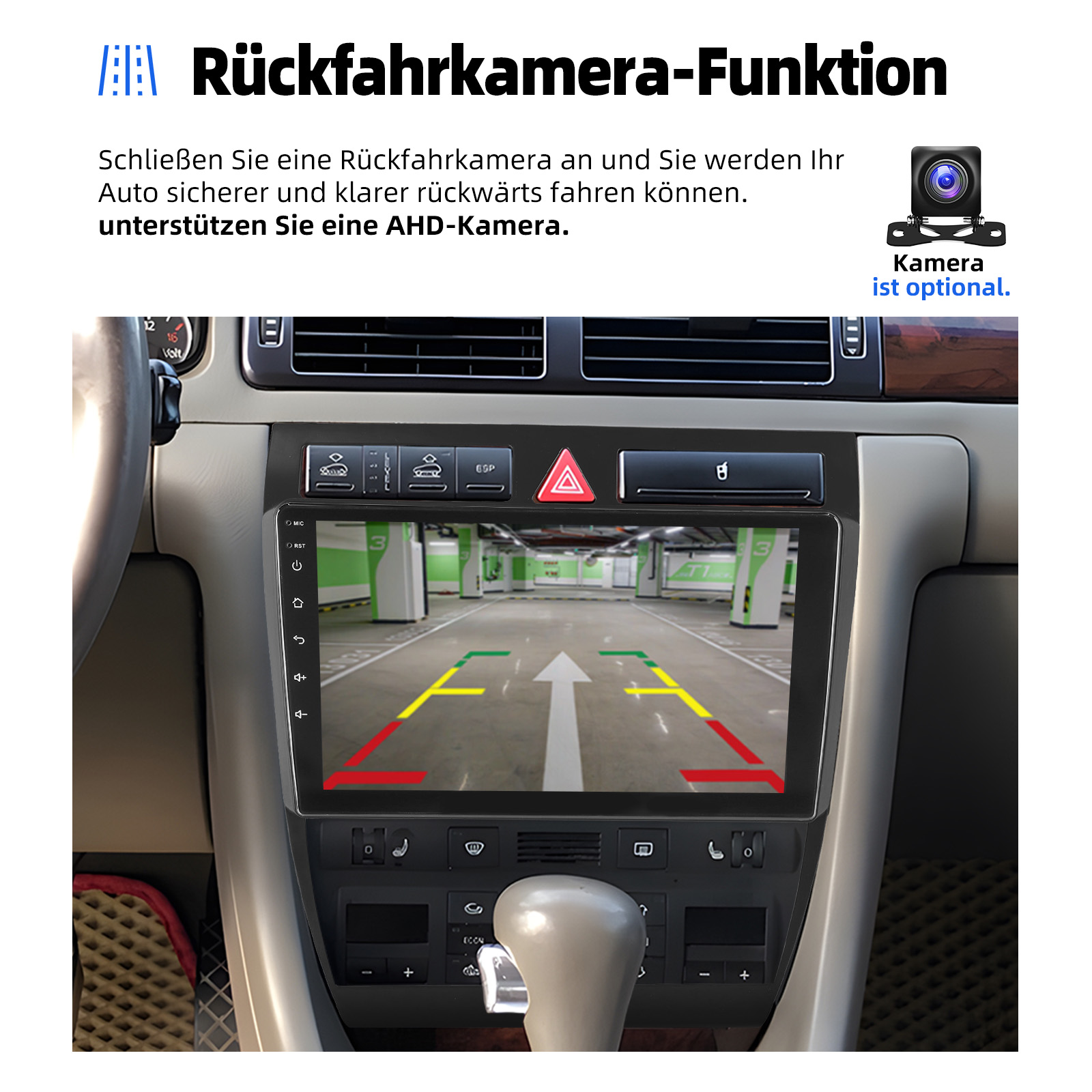 Steering wheel control interface, showing buttons for power, mute, previous/next track, volume, home, answer/hangup, SRC, band, back, shuffle, repeat, EQ, Navi, AUX, with a notice about short vs. long press functions.