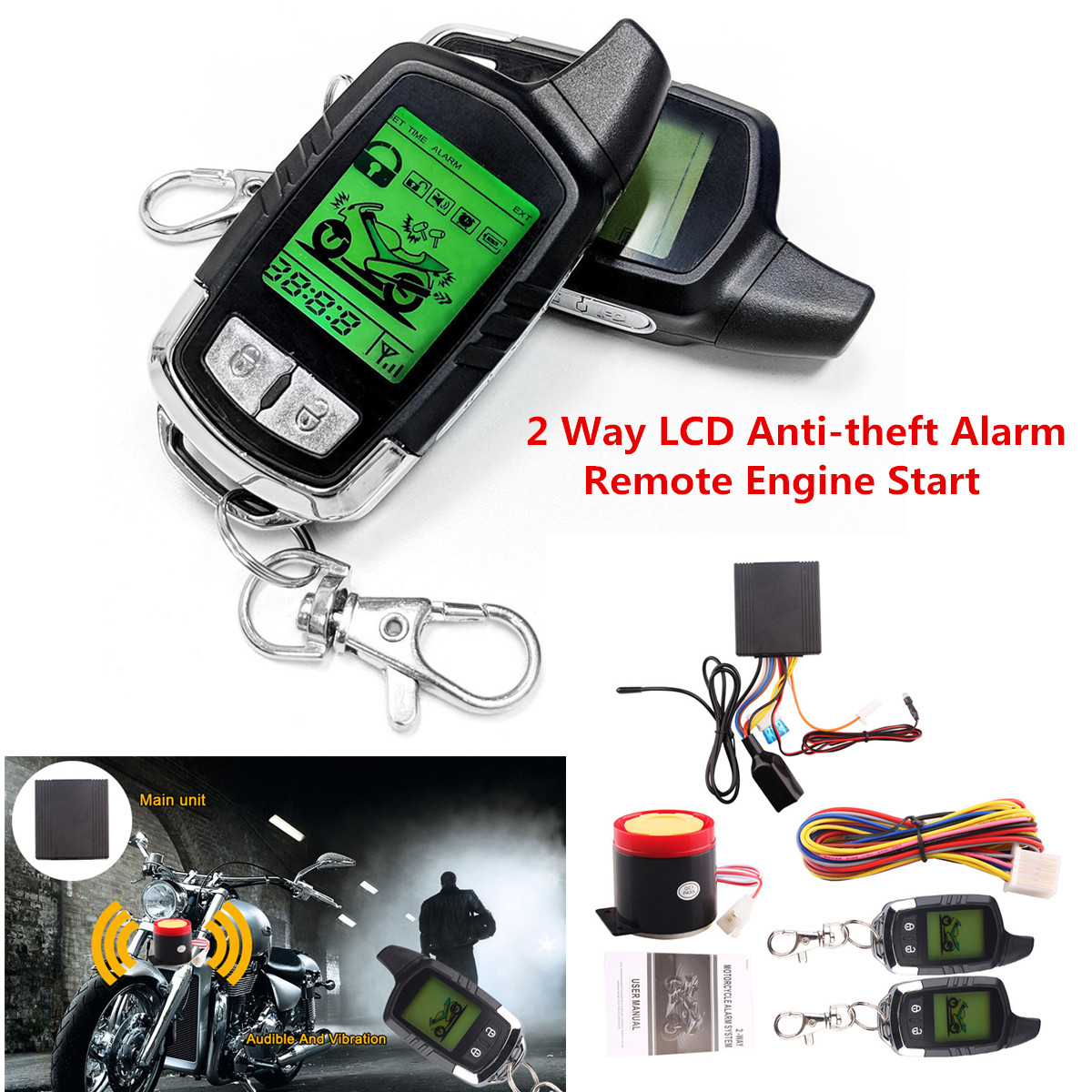 2 Way Motorcycle Alarm Security System with Remote Engine Starter LCD