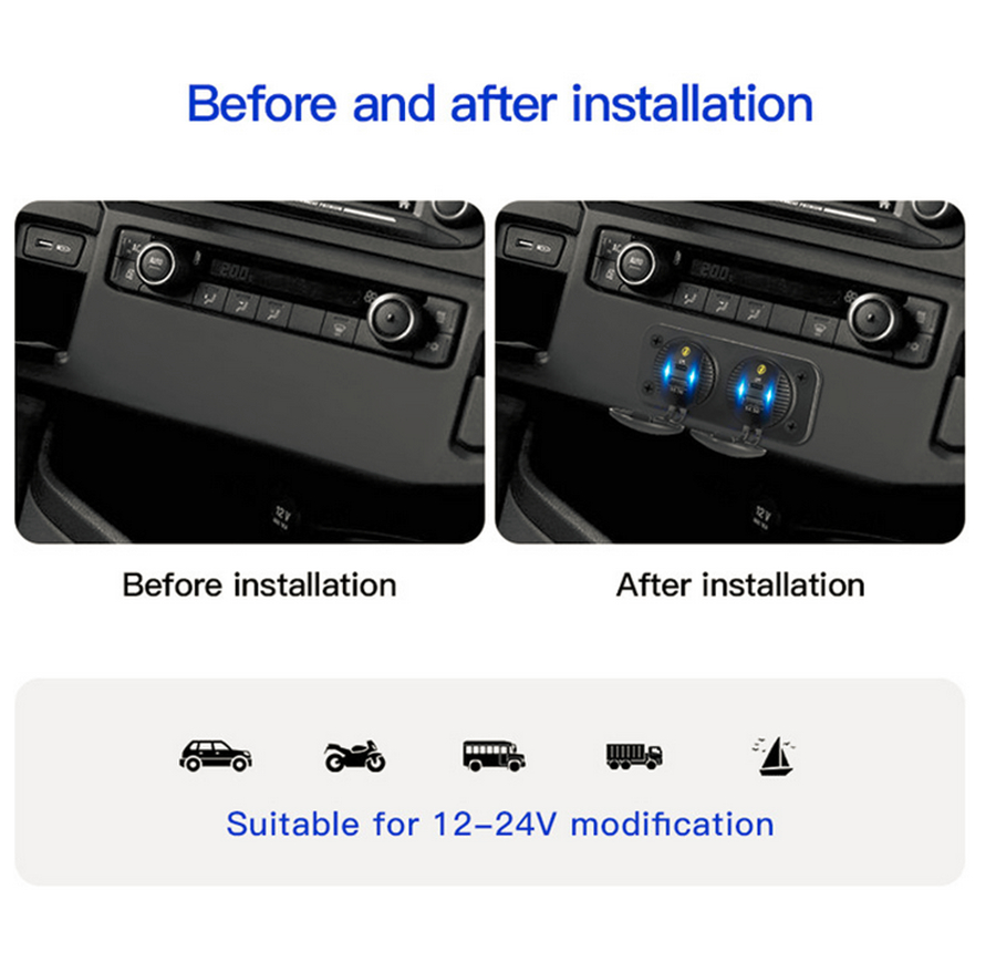 2 Hole Car Panel Charger Socket Usb To 12V Plug Type-c 3.0 Phone