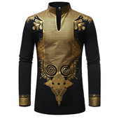 Men’s Long Sleeve Dashiki African Traditional Clothing Luxury Gold Printed Shirt