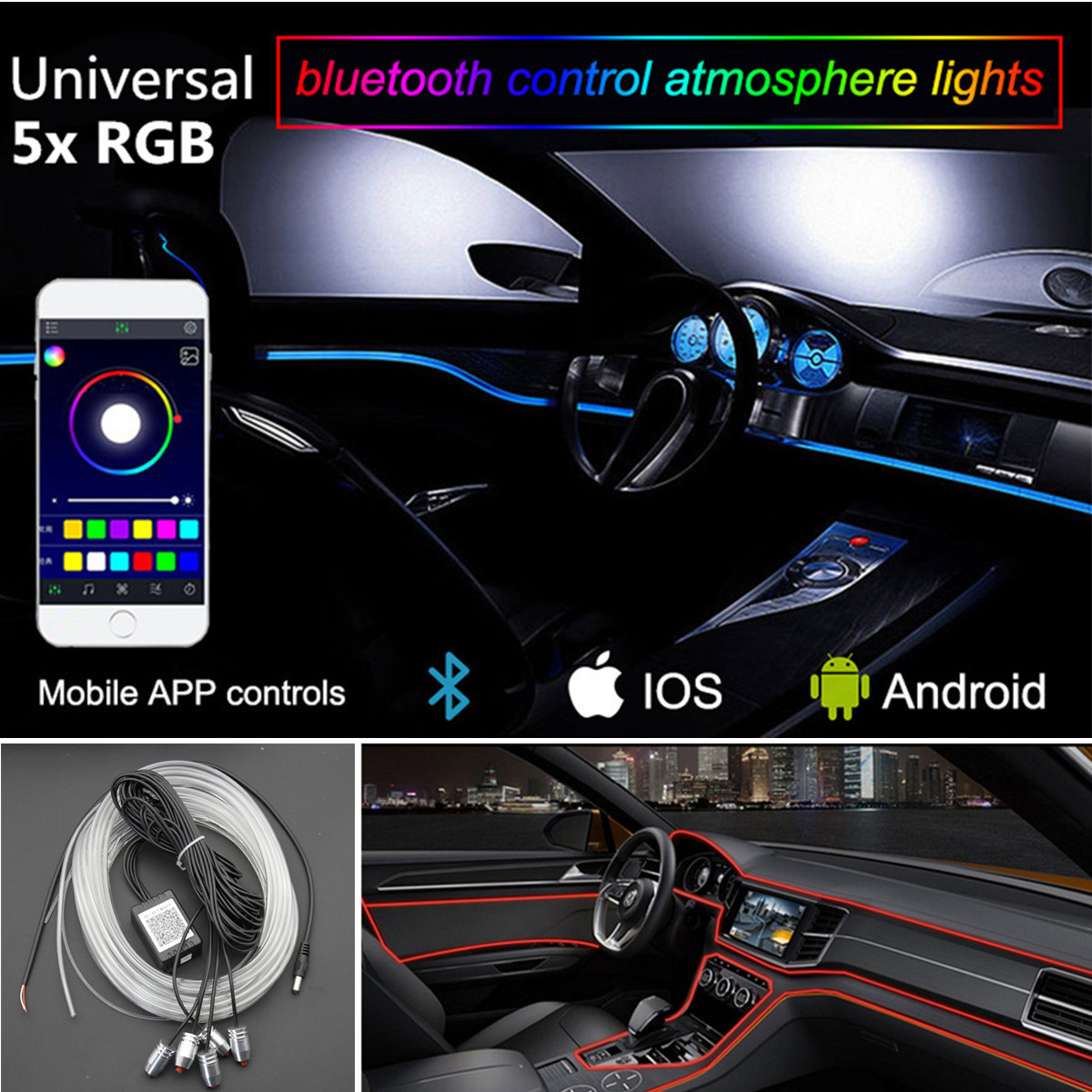 Details About 5x Rgb Led Car Interior Atmosphere Bluetooth App Control El Neon Strip Light 6m