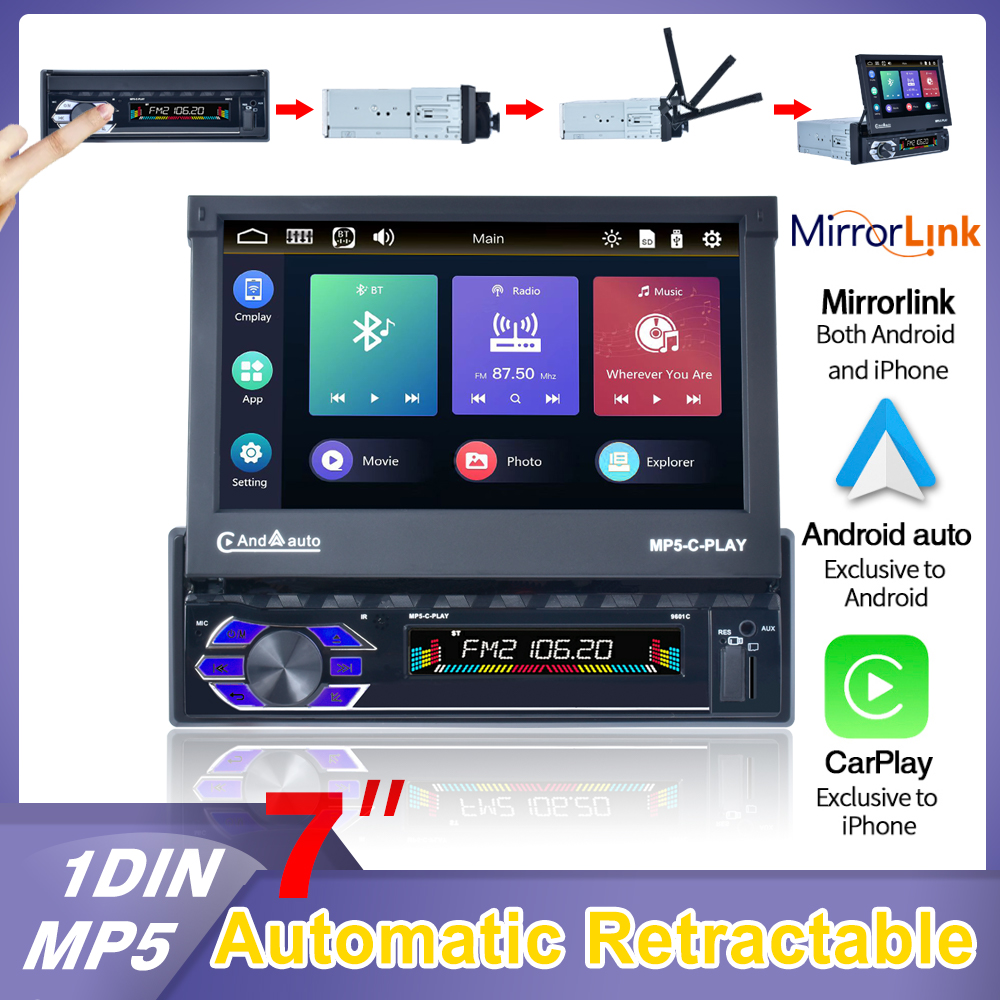 1 Din Car Stereo Radio 7'' Touch Screen Carplay auto FM