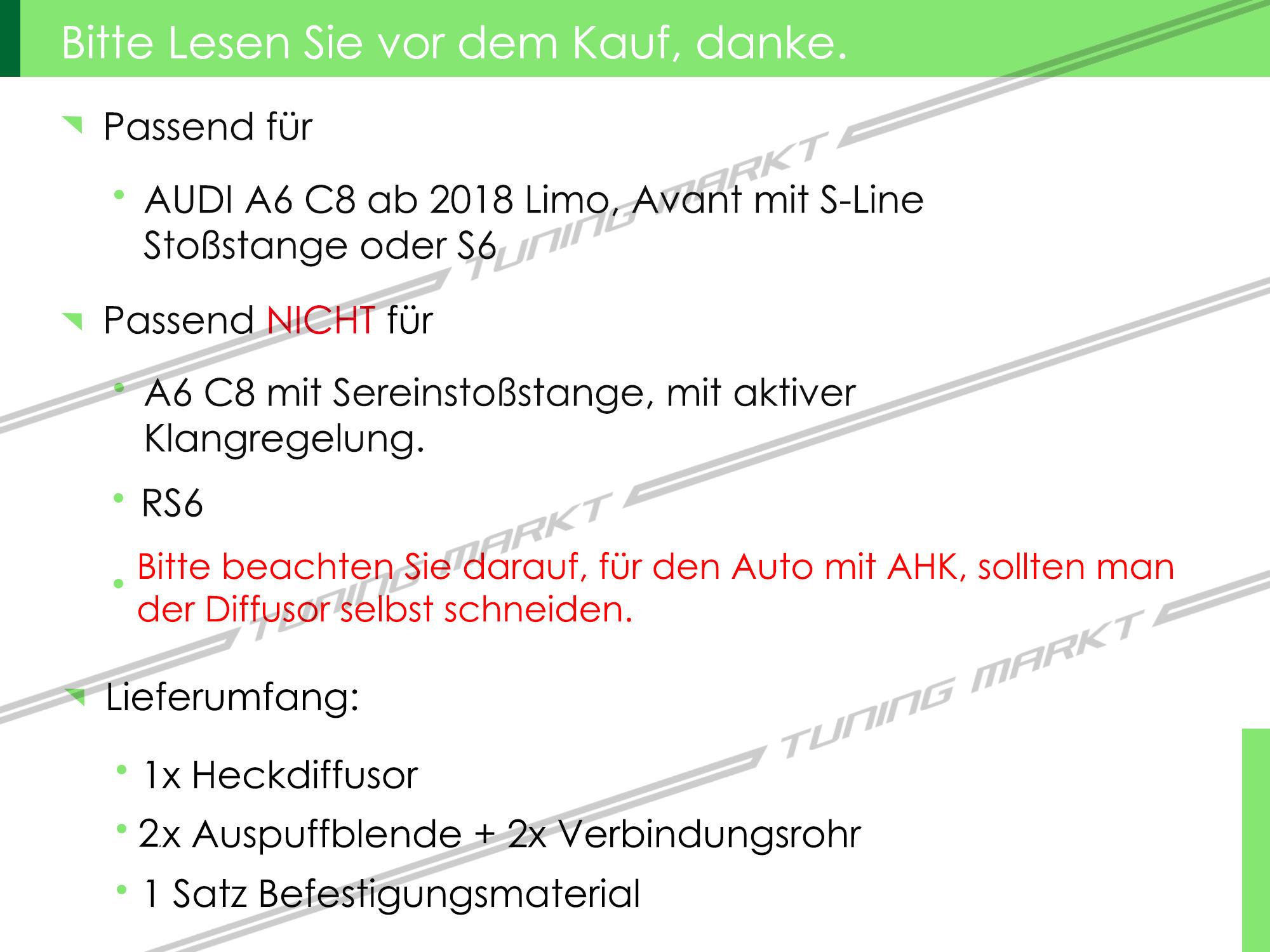 Diffusor + Auspuff Schwarz Glanz für AUDI A6 C8 4K Limo Avant mit