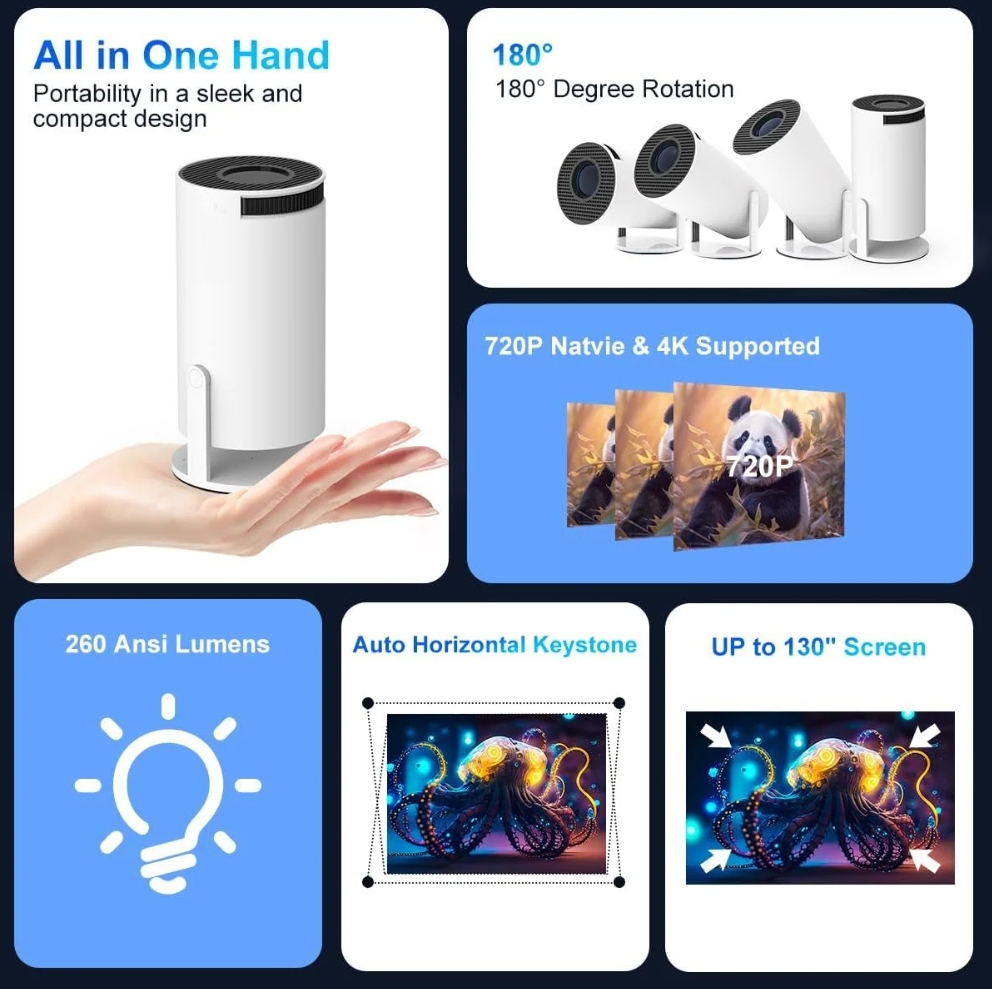 Mini Portable Projector 4K Android 11 Dual Wifi 6 Bluetooth