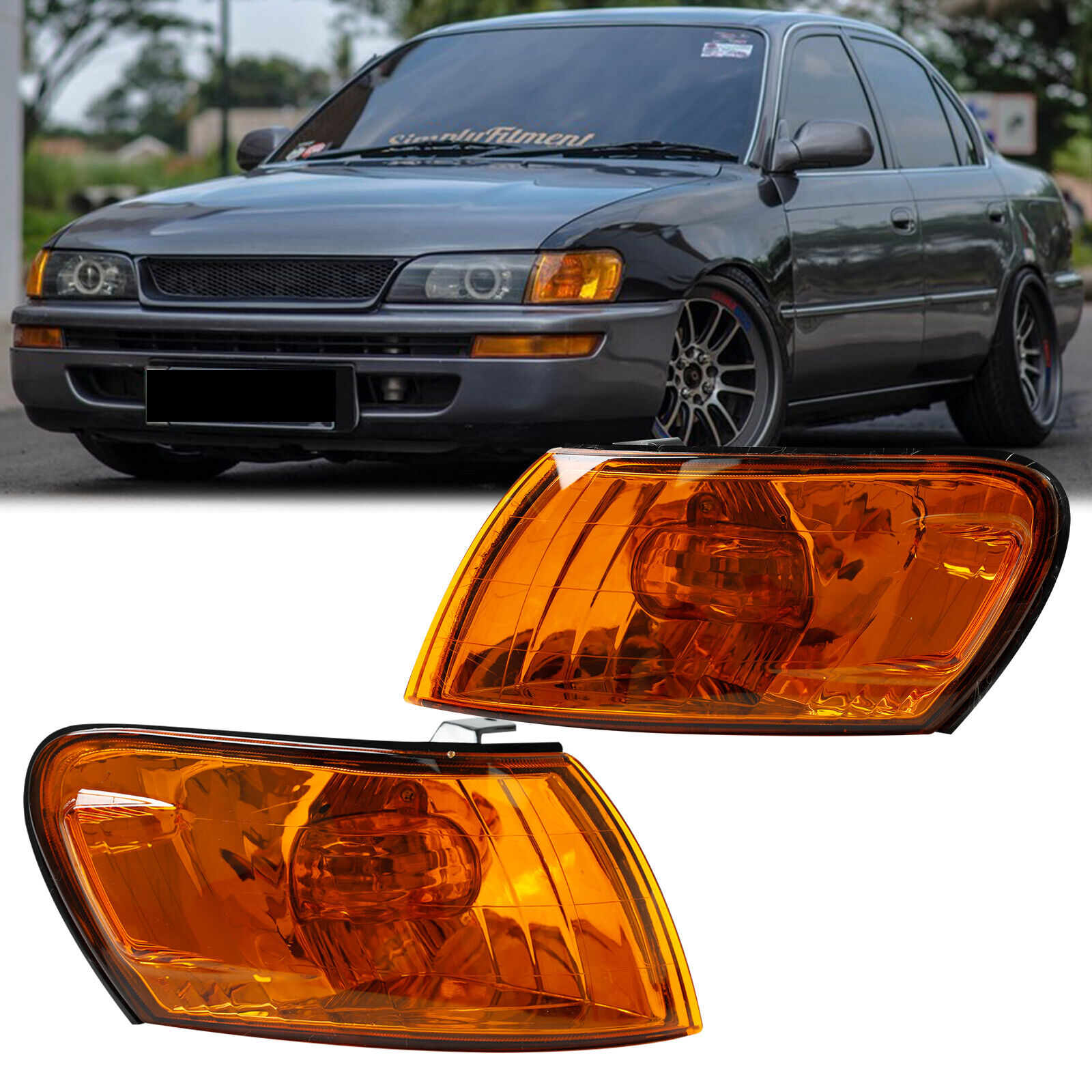 For 93-97 Toyota Corolla AE100 AE101 E100 - Front Corner Parking Amber Lens Light Cover, Black Housing
