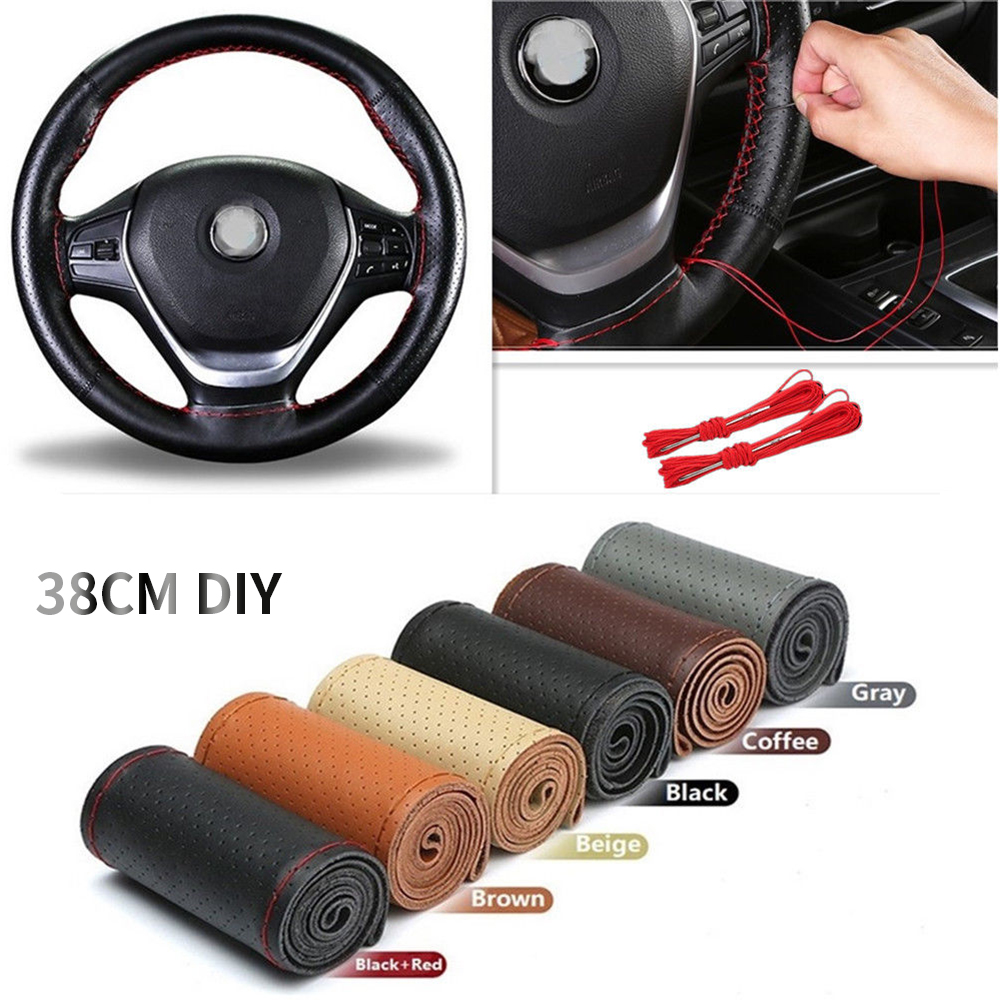 DIY Black Anti Slip PU Leather Car Steering Wheel Cover Stitch Sew On 37-38cm