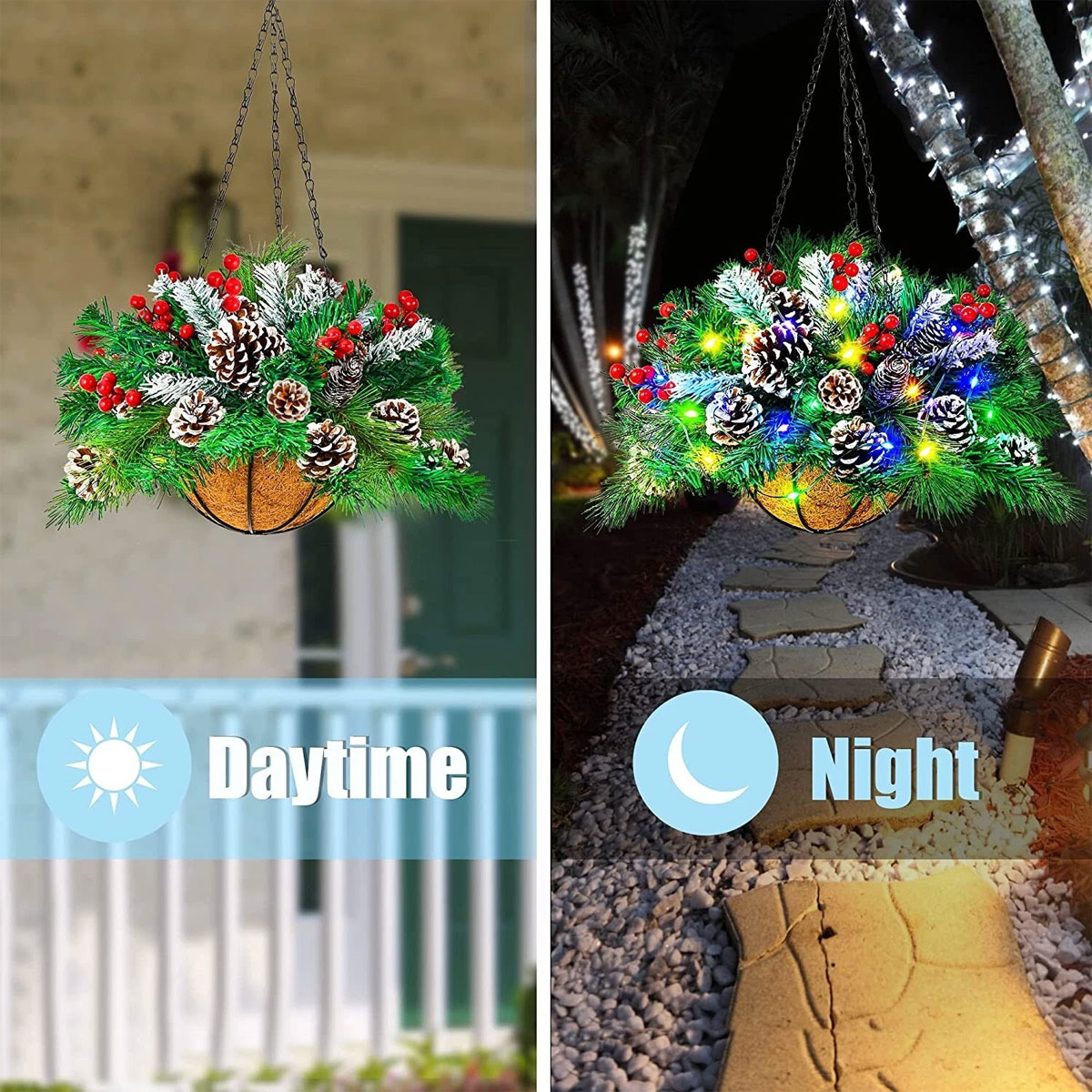 Pre-lit artificial Christmas hanging basket