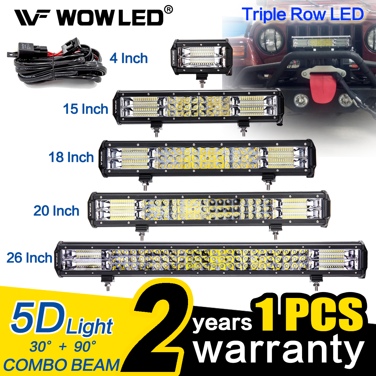 Triple Rows Upgrade Off Road Lights Light Bar WOWLED Light Bar 2 x 5 Inch 72W Yellow Amber Flood LED Light Bars IP67 Offroad Driving Lamp Bar for Car Truck UTE 4x4 12V 24V