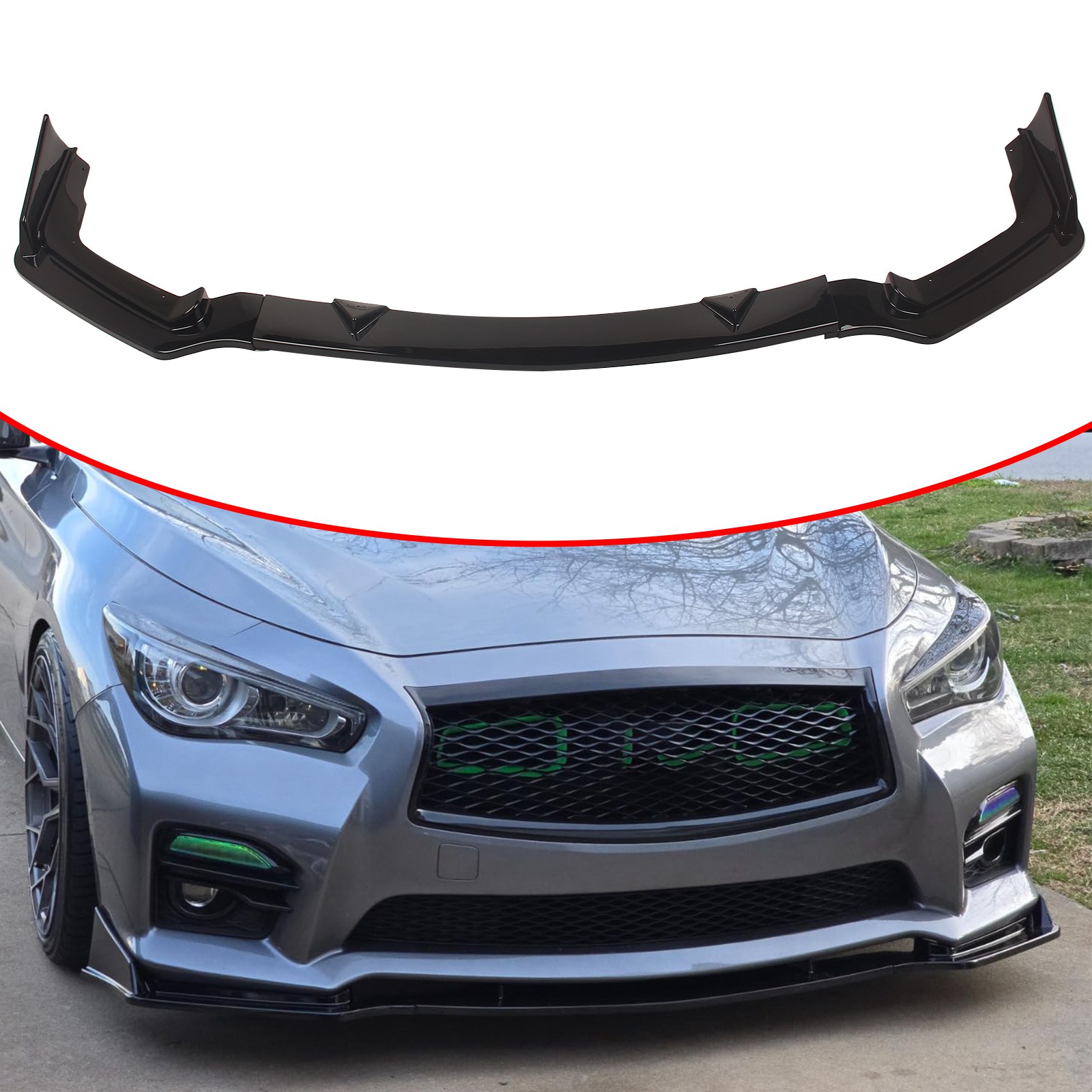 2014-2017 Infiniti Q50 Black Front Lip Spoiler Splitter Kit Front Bumper Lip Spoiler Splitter For 2014-2017 Infiniti Q50 - 3-Piece Painted Black Body Kit (No Drill) HDC Autosports Lip Spoiler