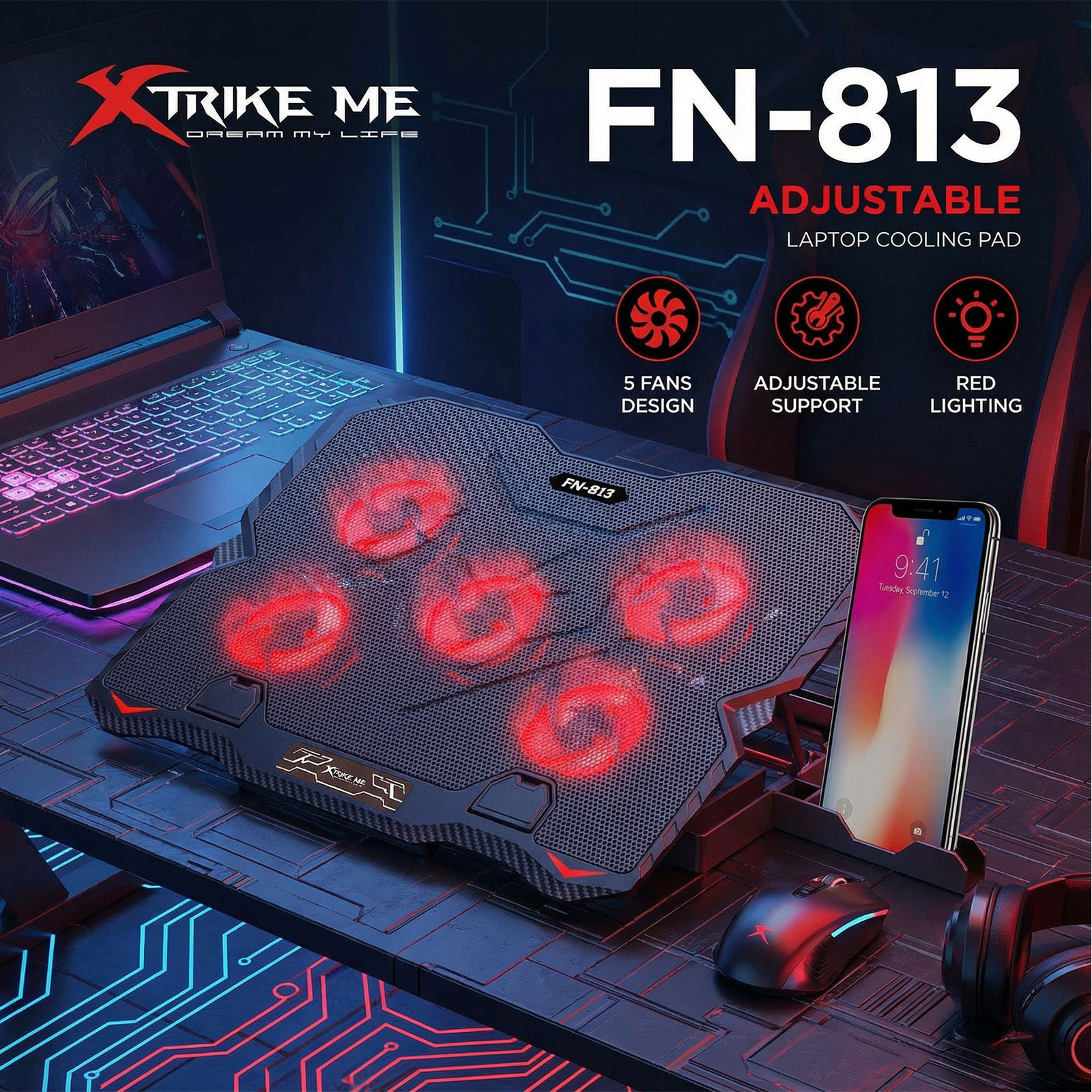 XTRIKE 2 5 6 Fans Cooler Gaming Laptop Cooling Pad Blue/Red LED w