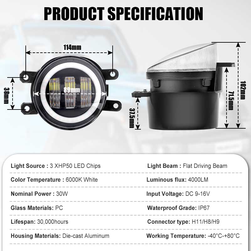 2X LED Bumper Fog Lights With Halo DRL For Toyota Corolla 2009-2013 - Black Housing, 6000K, 30W