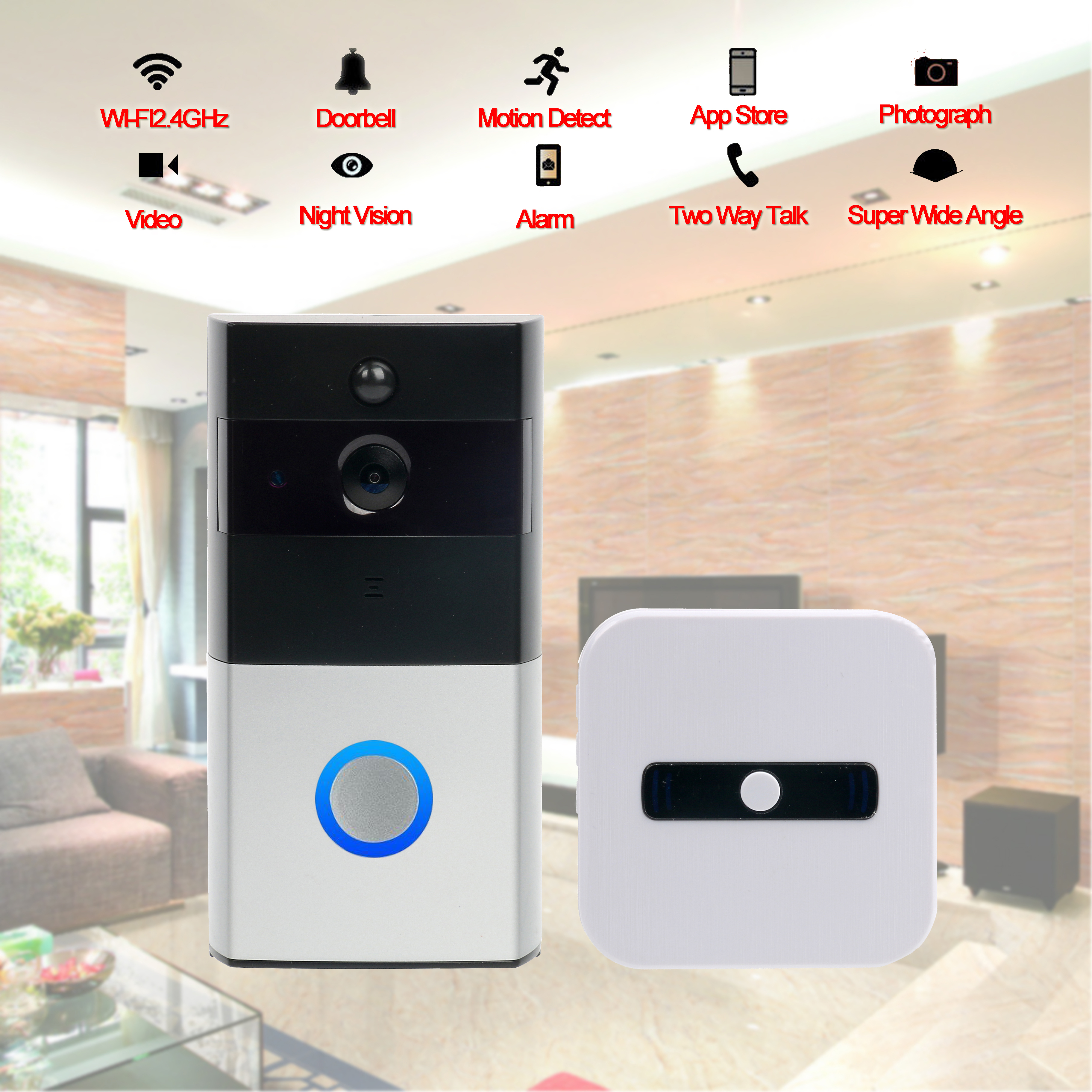 Wireless WiFi Battery Doorbell HD Video IR Camera Phone Ring +Receiver