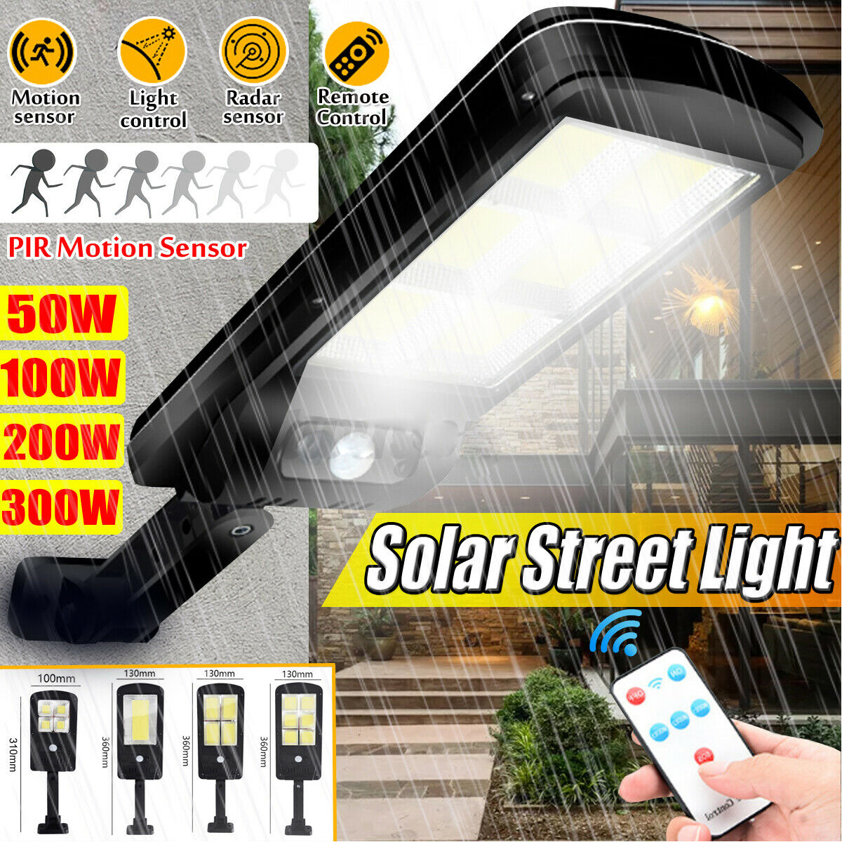 300W Outdoor Solar Street Wall Light Sensor Motion LED Lamp Remote Control PIR