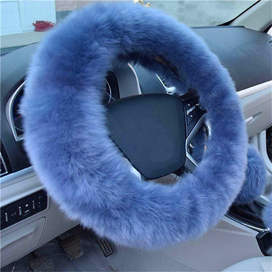 Gray Blue Fur Car Steering Wheel Cover 3Season Essential Furry Fluffy
