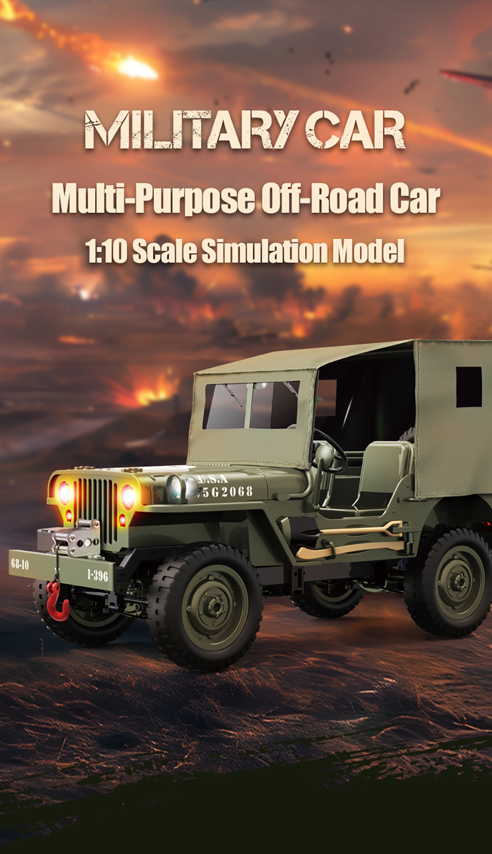 JJRC C8815 RC 2.4G 4WD Truck Winch Canvas Soldier Remote Military