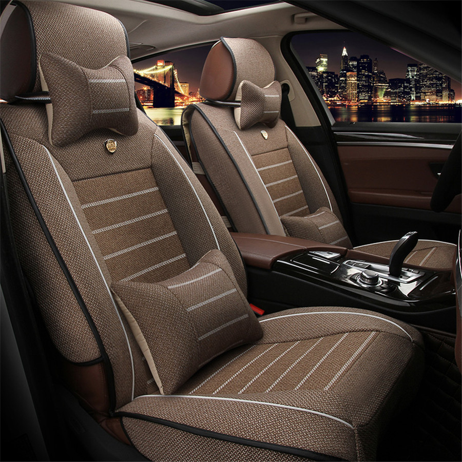 Universal 5-Seats Car Seat Covers Cushion Pad Coffee Linen Fabric w// Pillow USA