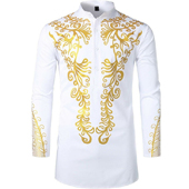 Men’s Long Sleeve Dashiki African Traditional Clothing Luxury Gold Printed Shirt