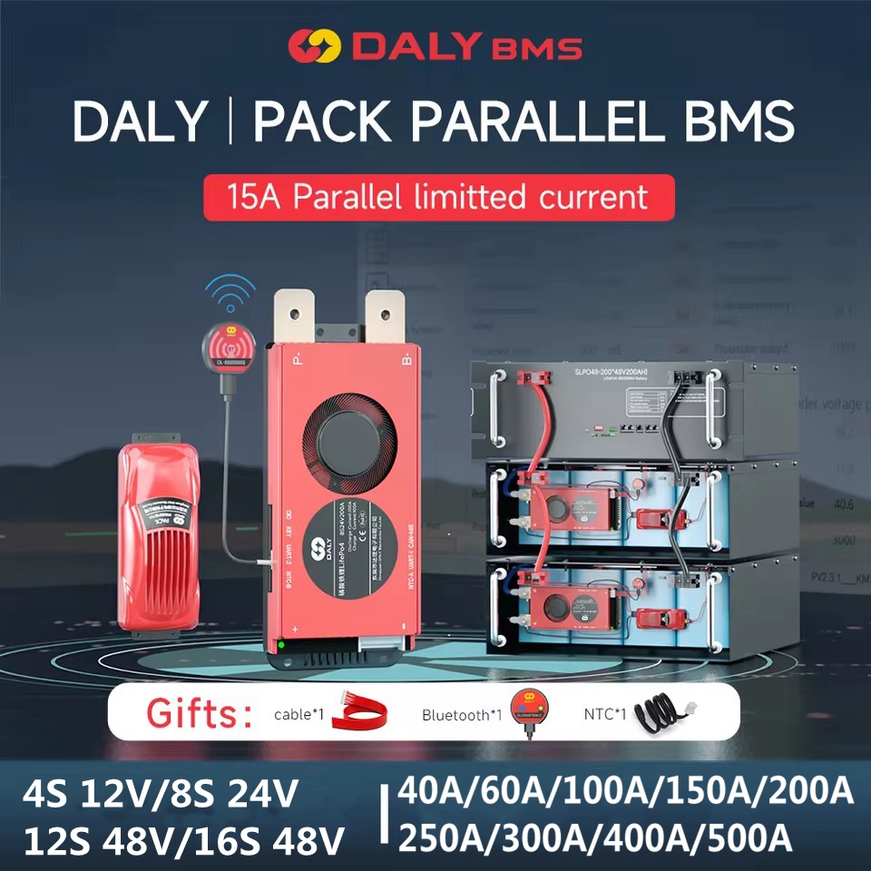 Daly BMS 15A Parallel 4S 8S 12S 16S 12V 24V 48V 40-500A for Li-ion