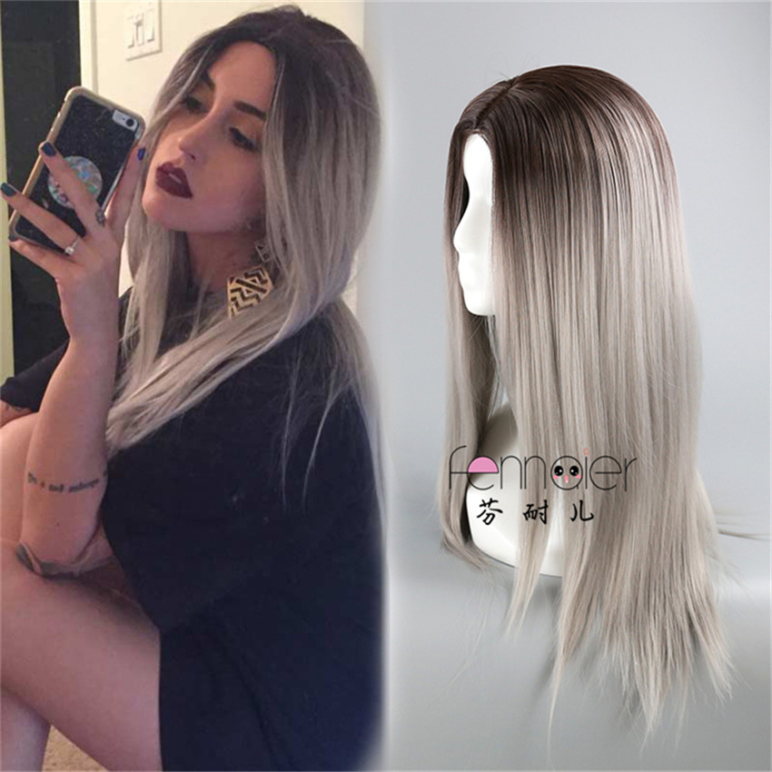 Female Wigs Grey Black Gradient Multicolored Long Straight Hair