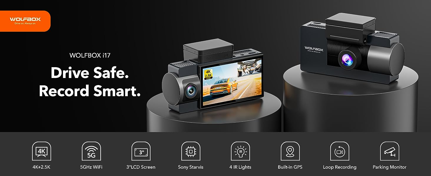 WOLFBOX i17 Dash Cam Front Inside Rear Camera 4K+1080P+1080P WiFi Car  Monitor