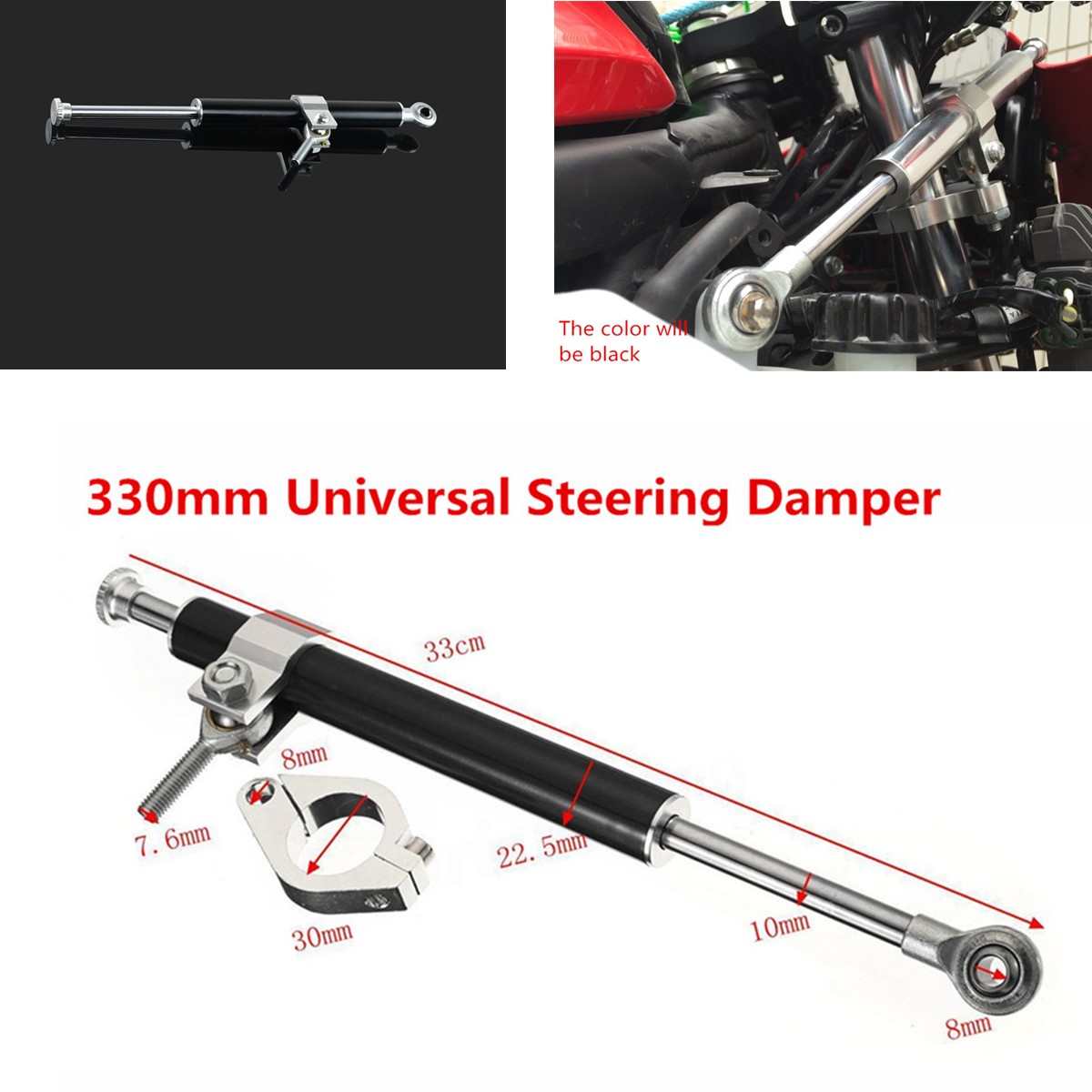 black 330MM Universal Aluminum Motorcycle Steering Damper Stabilizer 6way Adjust Stabilizer Linear Safety Control
