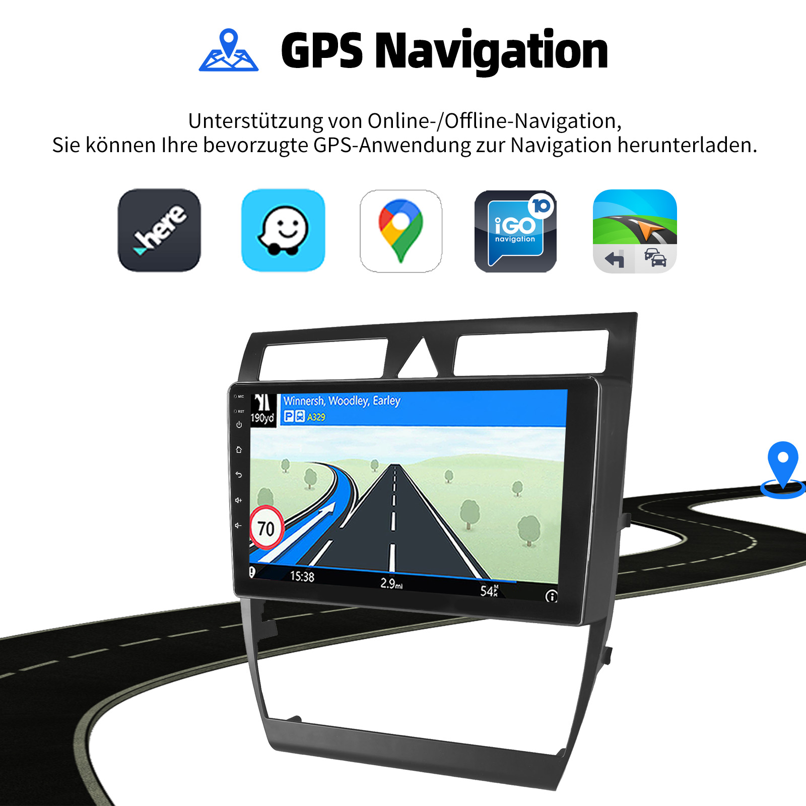 Detailed dimensions and wiring diagram for the car stereo, including ISO connector, RCA cables for audio, subwoofer, AUX, video, and microphone, as well as power, USB, and GPS antenna connections.