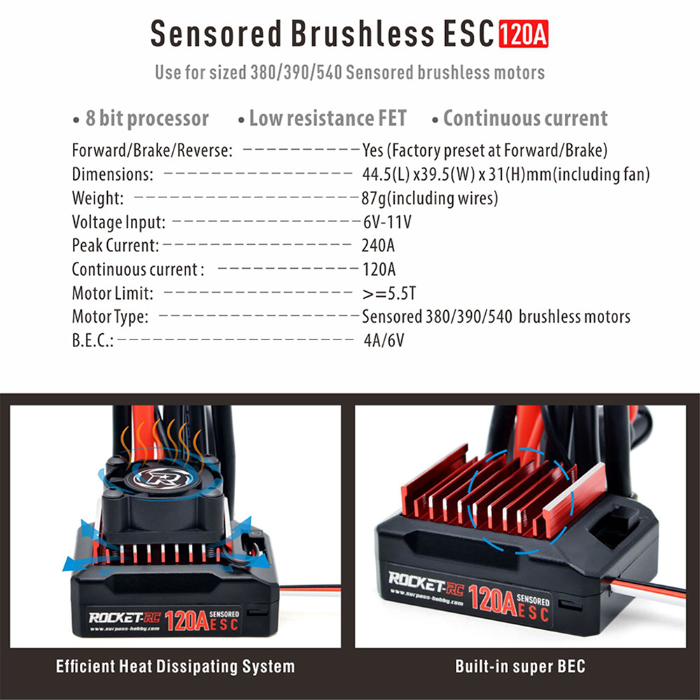 Rocket-RC 120A Sensored Brushless ESC for 1/10 RC Car 380