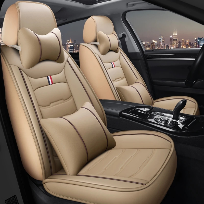 thumbnail image 2 of Give Your Ride A Luxury Upgrade: Beige PU Leather 5-Seat Car Cover Set (Full Set!) 2 of 5